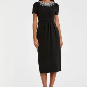 Cesca Black Midi Dress with Crystal Embellished Neckline